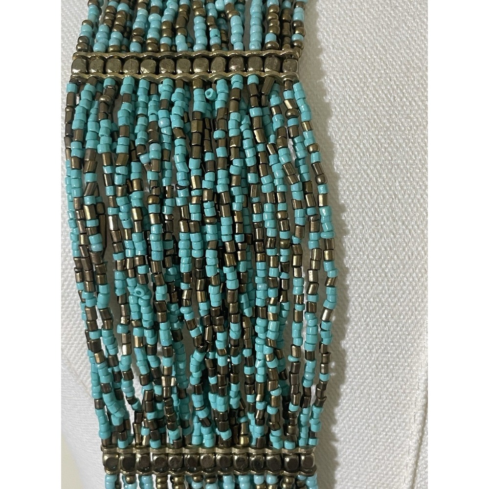 Multi Strand Turquoise Seed Bead Bib Necklace Boho Southwestern Statement Heavy - Picture 4 of 7